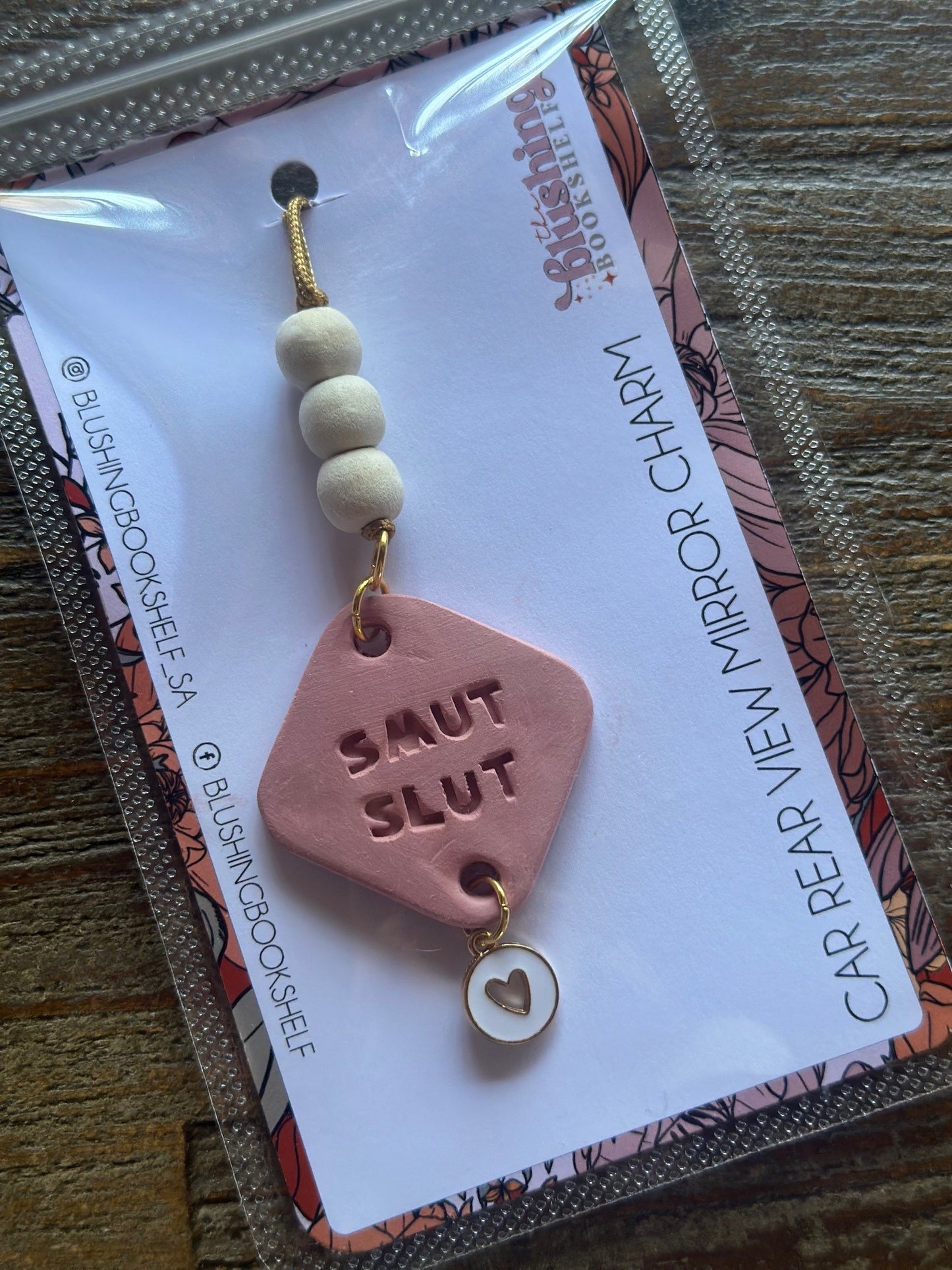 REAR VIEW MIRROR HANGING CHARM -SMUT SLUT WHITE HEART